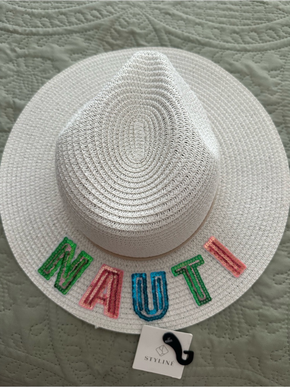 White Straw Hat with Colorful "NAUTI" Embroidery